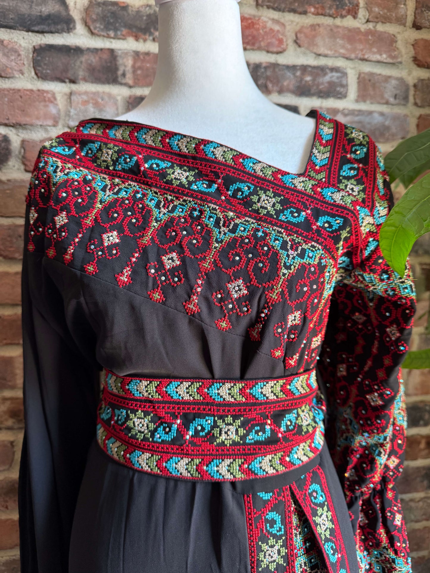 Asymmetric-Neck Long Embroidered Thobe Dress with Belt