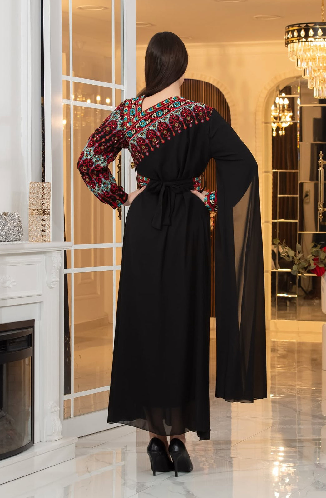 Asymmetric-Neck Long Embroidered Thobe Dress with Belt