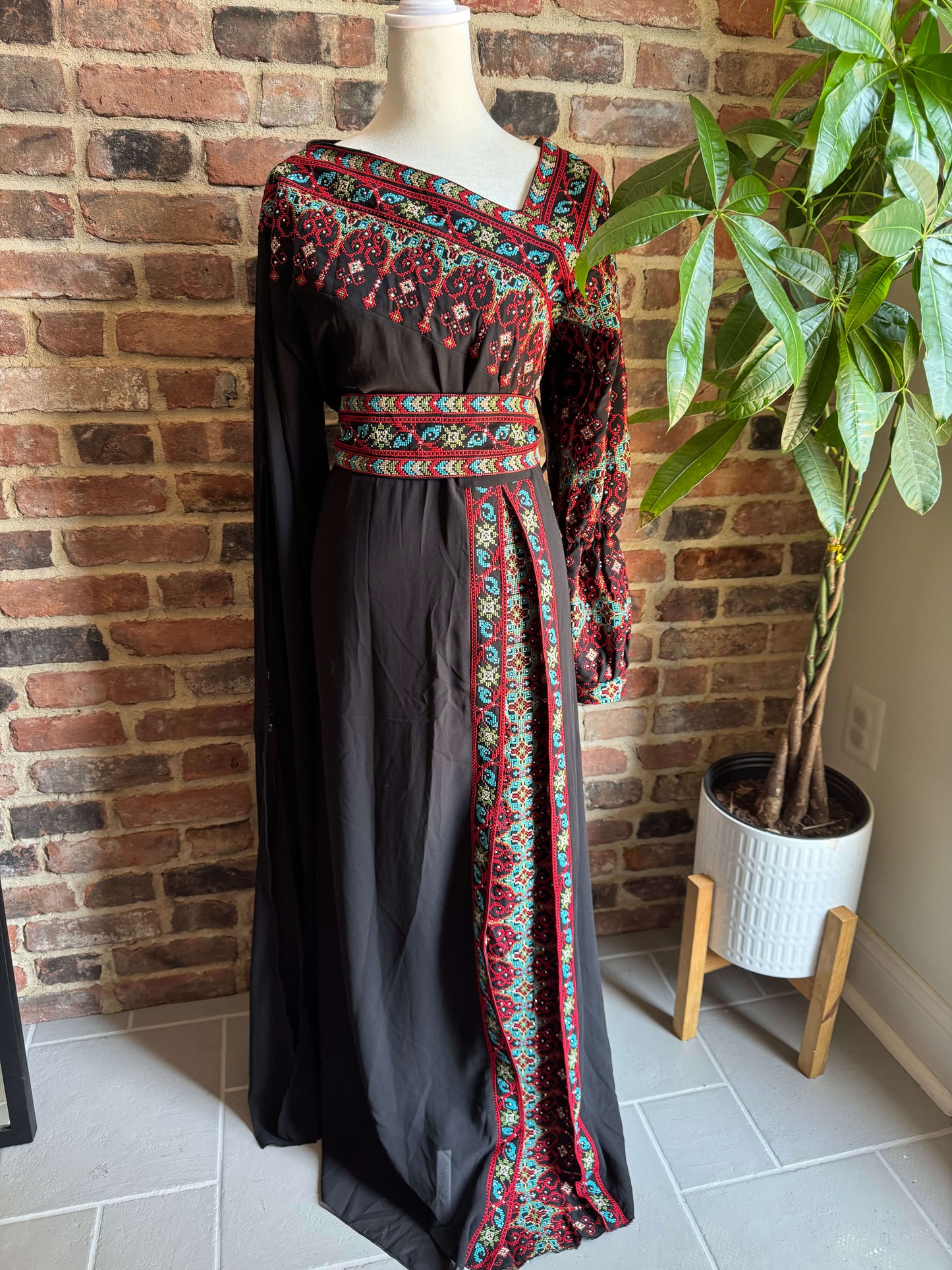 Asymmetric-Neck Long Embroidered Thobe Dress with Belt