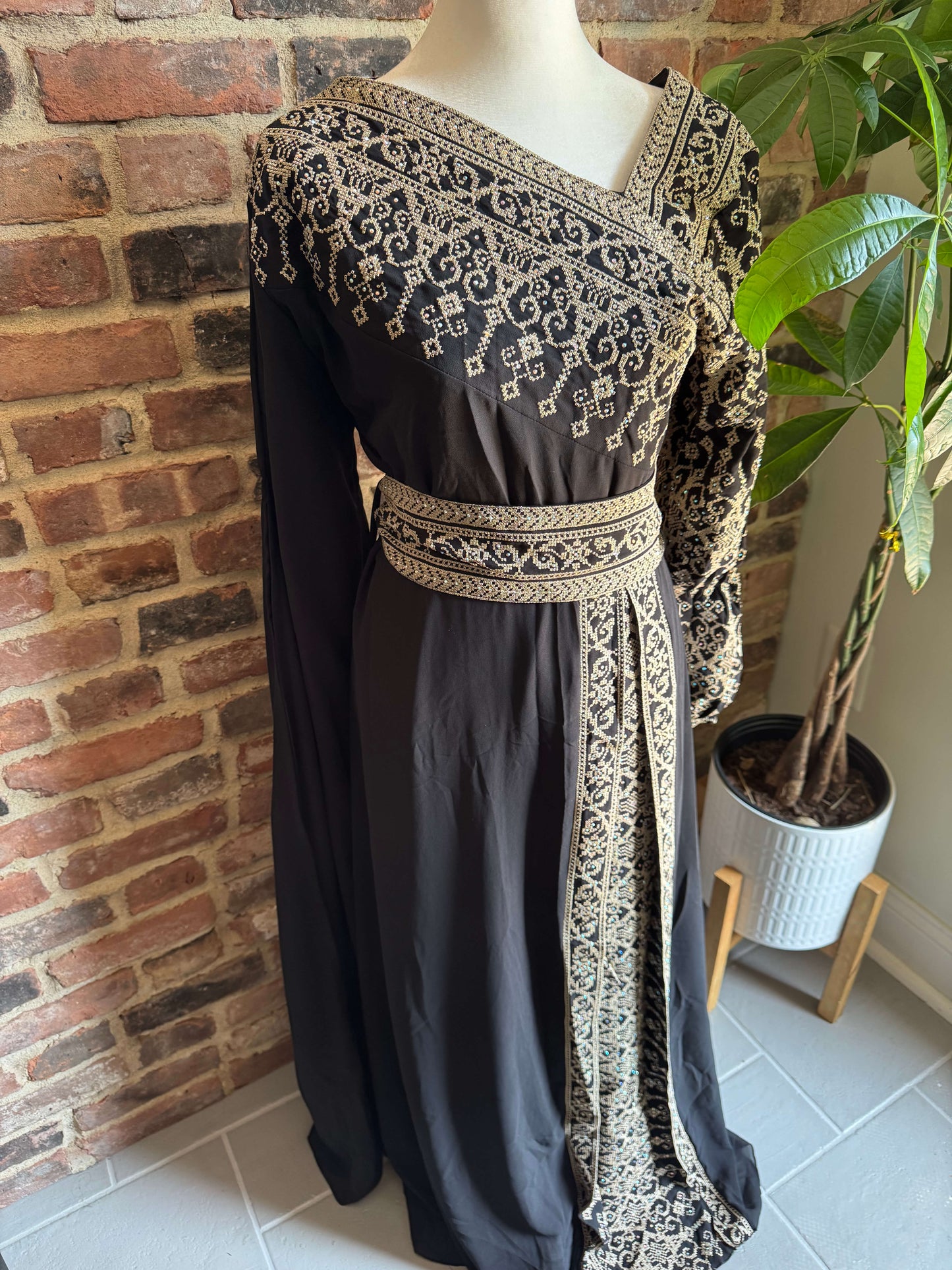 Asymmetric-Neck Long Embroidered Thobe Dress with Belt