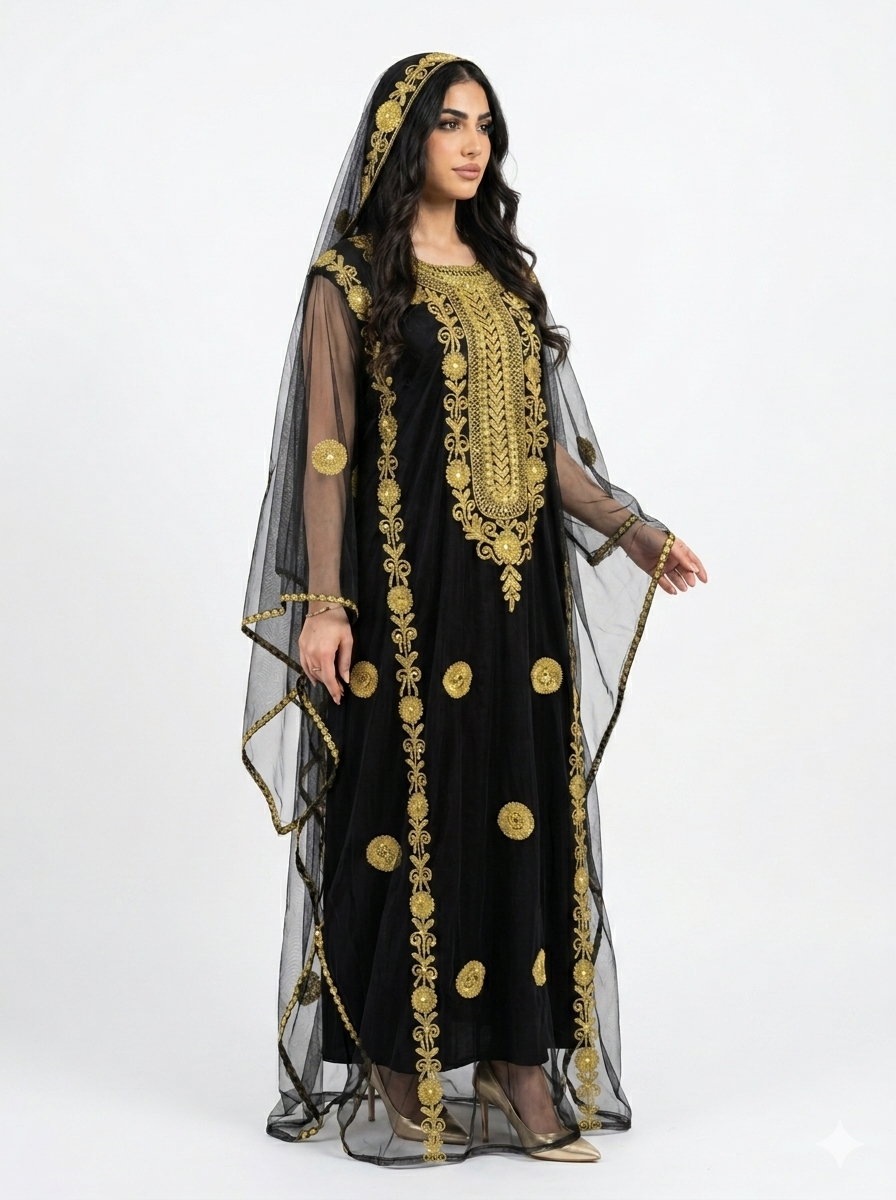 Black & Gold Hashimi (Nashel) Dress with Tarha – Floral Tulle Embroidery