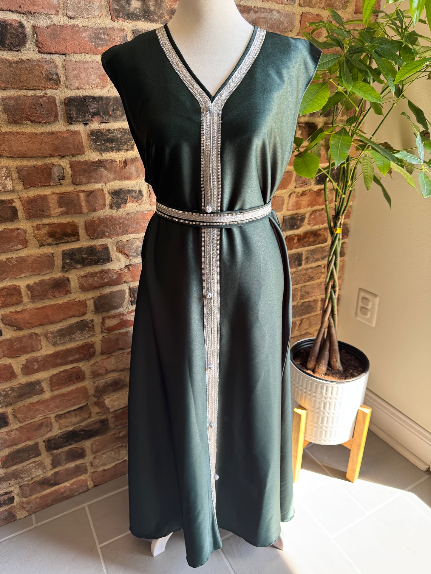 Kaftan Caftan Abaya Wedding Guest Outfit Two Piece Set with Belt - Dark Green