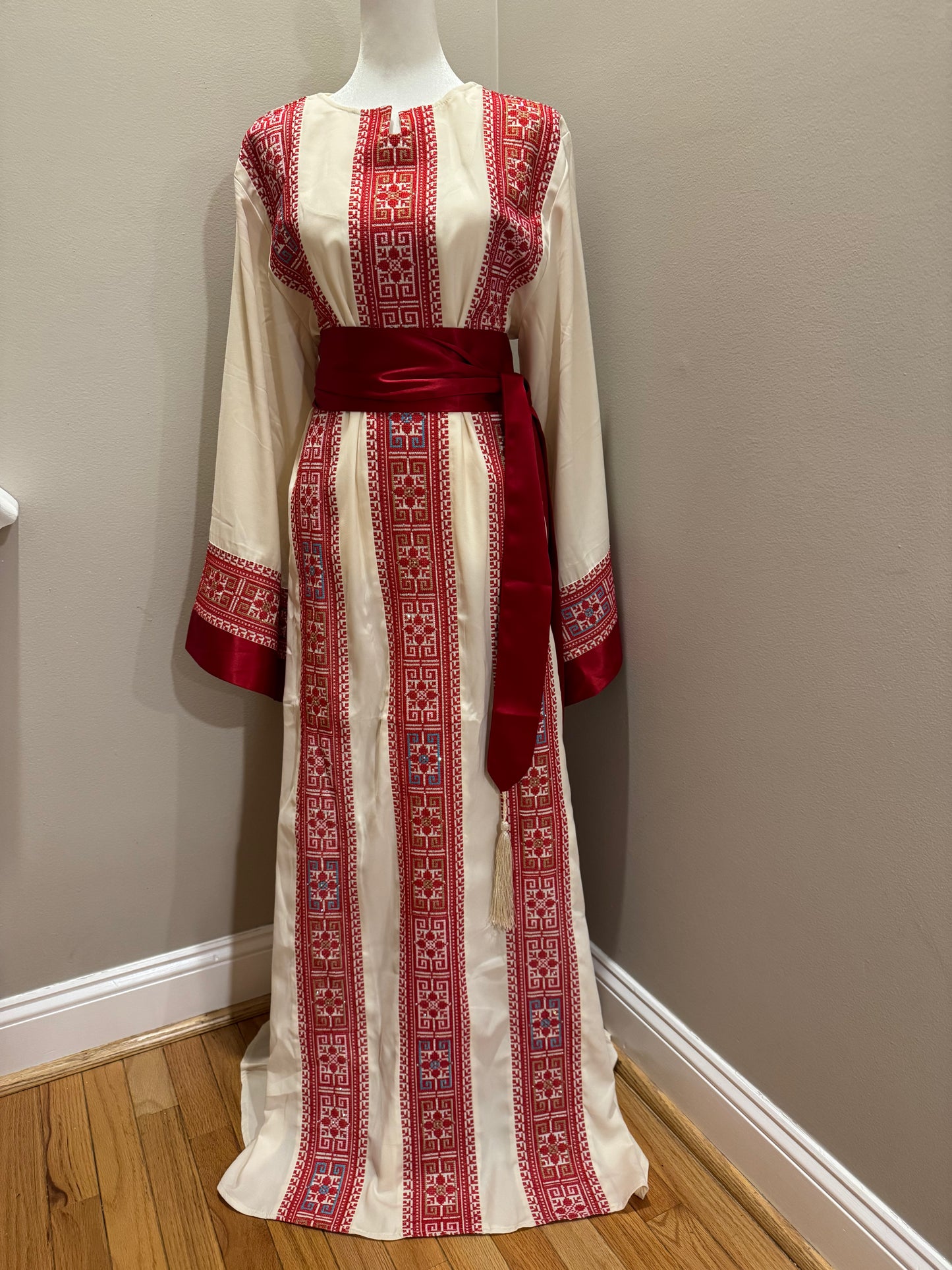 Women Palestinian Style Embroidered Thobe with Satin Belt (Cream and Red)