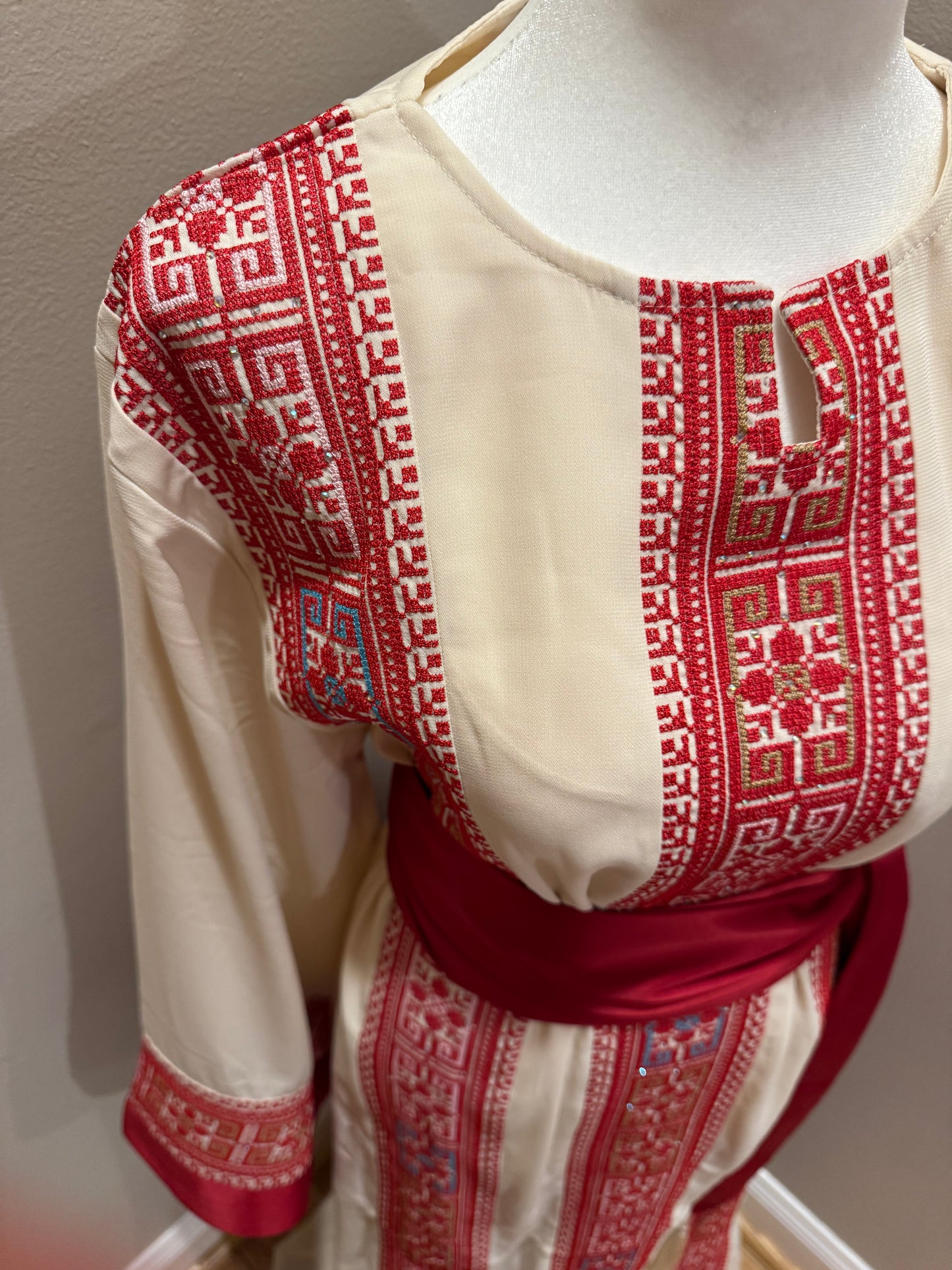 Women Palestinian Style Embroidered Thobe with Satin Belt (Cream and Red)