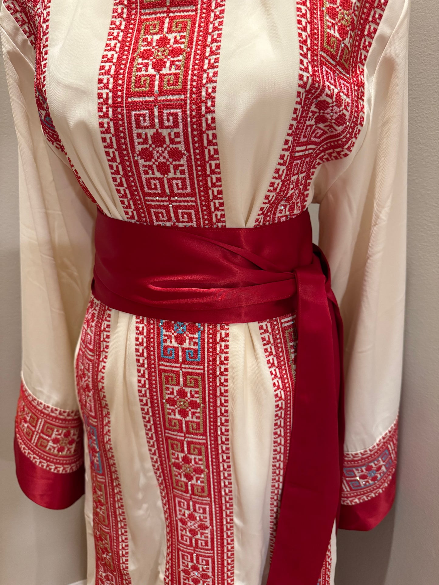 Women Palestinian Style Embroidered Thobe with Satin Belt (Cream and Red)