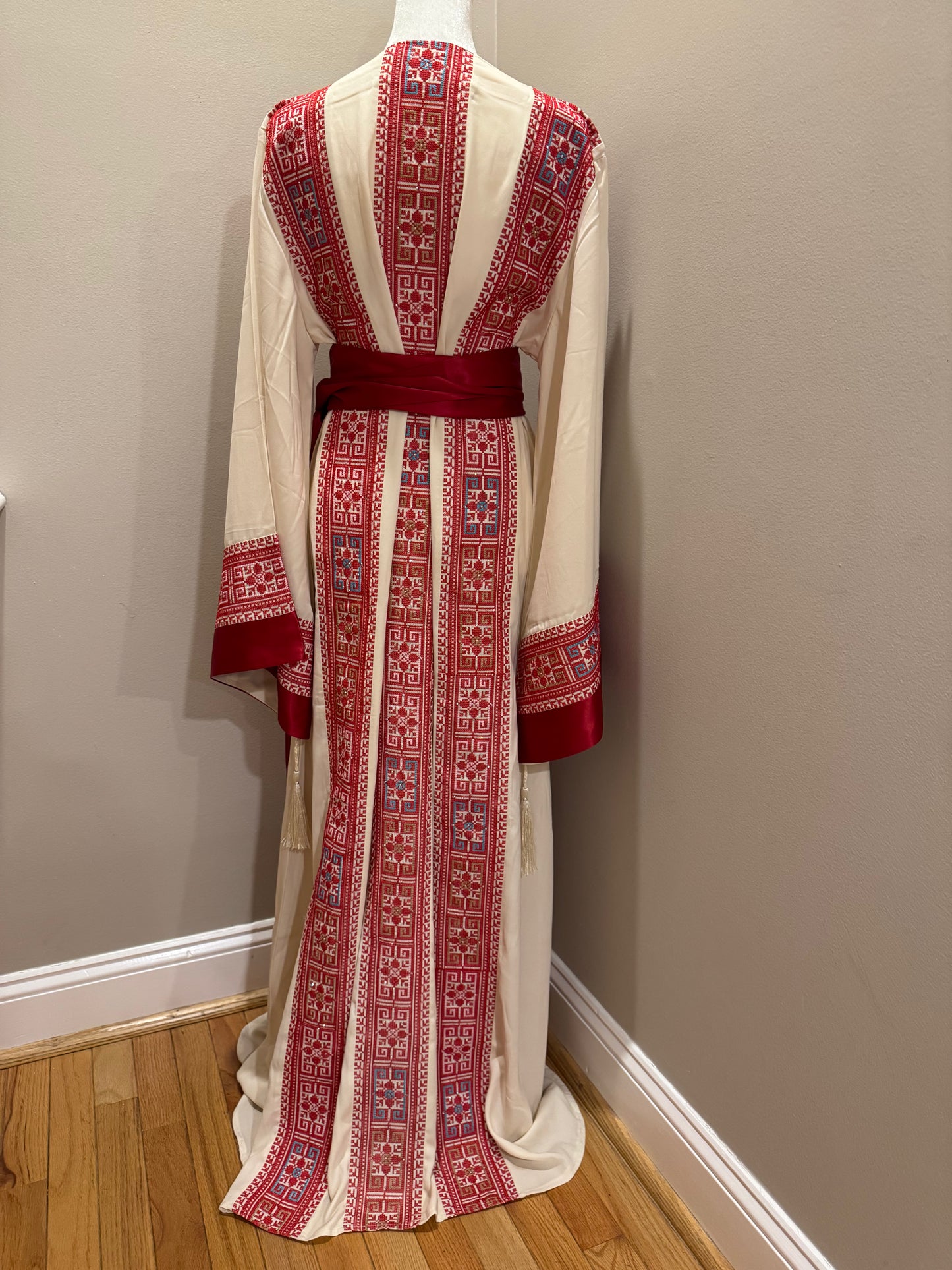 Women Palestinian Style Embroidered Thobe with Satin Belt (Cream and Red)
