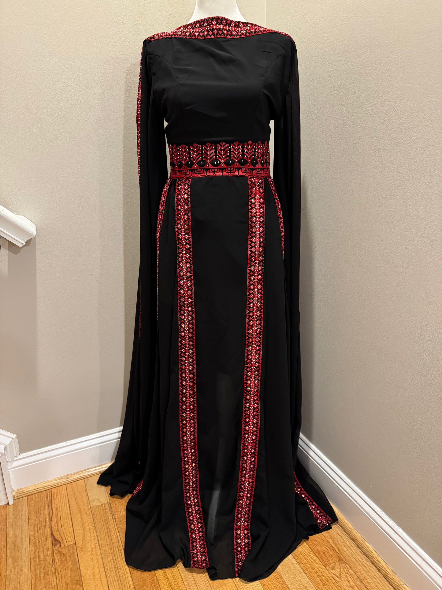 Palestinian Embroidered Butterfly Sleeves Thobe with Matching Tarha Shawl (Black and Red)