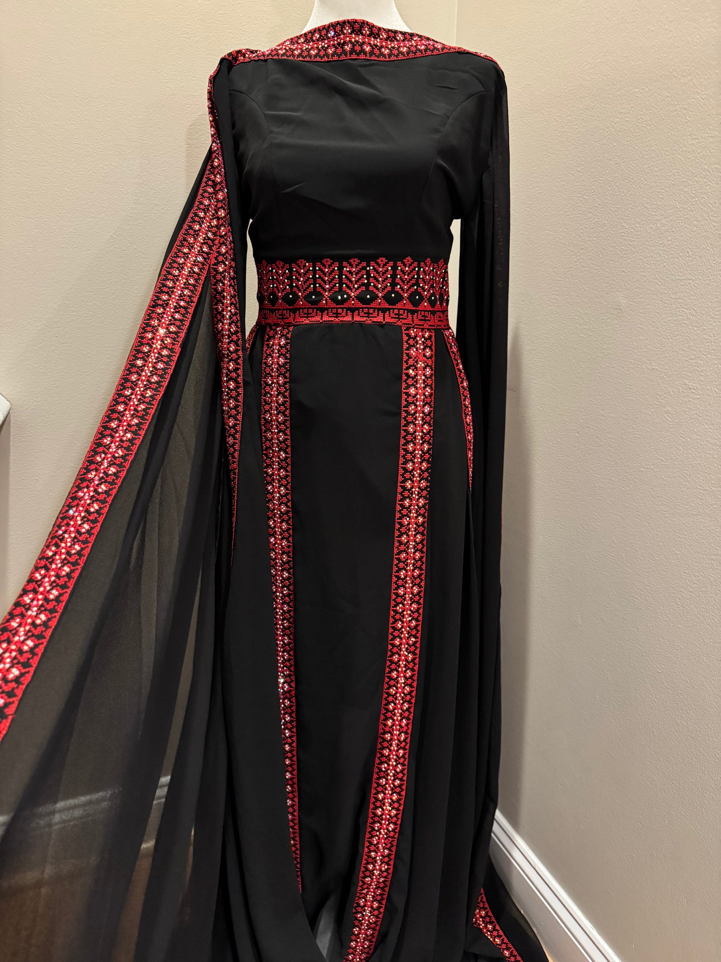 Palestinian Embroidered Butterfly Sleeves Thobe with Matching Tarha Shawl (Black and Red)