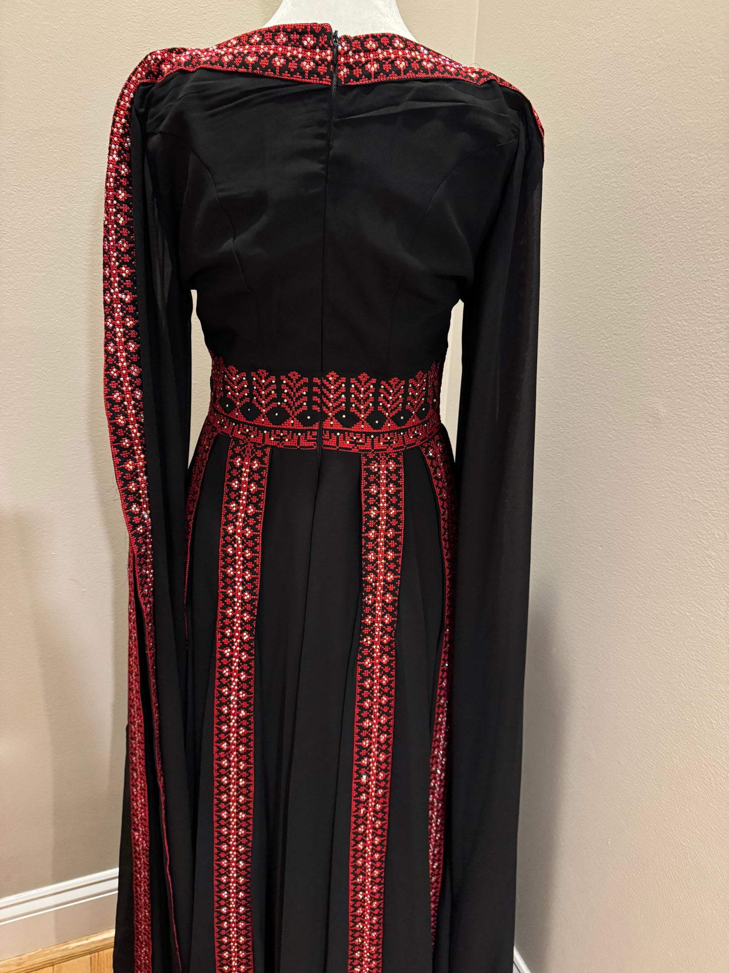 Palestinian Embroidered Butterfly Sleeves Thobe with Matching Tarha Shawl (Black and Red)