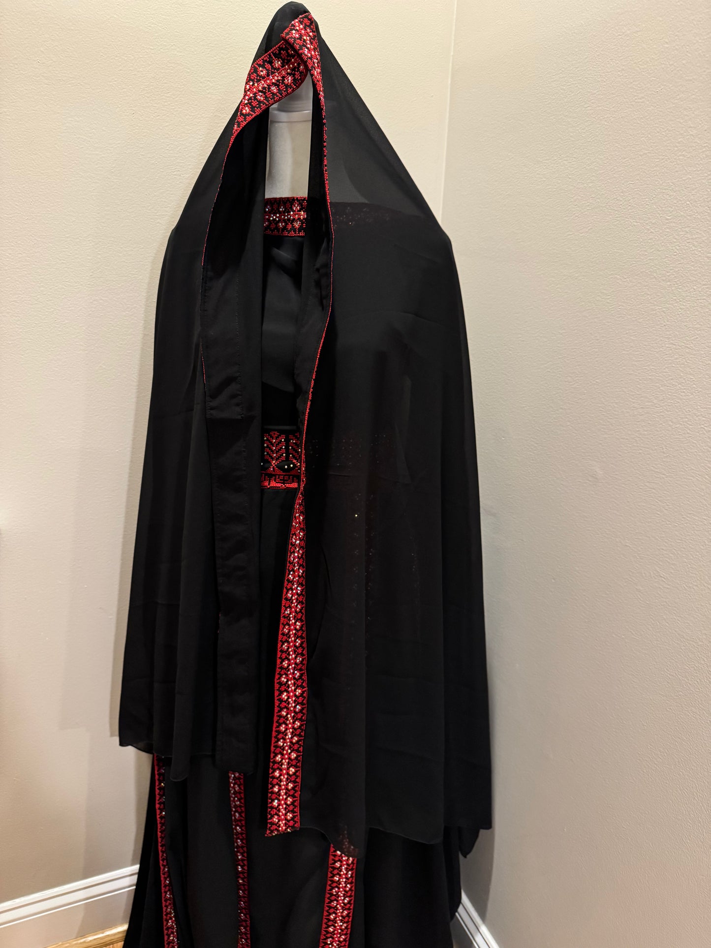 Palestinian Embroidered Butterfly Sleeves Thobe with Matching Tarha Shawl (Black and Red)