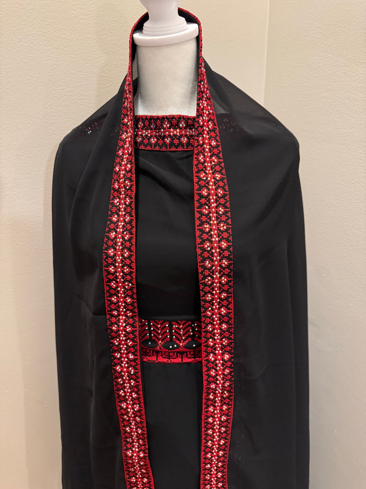 Palestinian Embroidered Butterfly Sleeves Thobe with Matching Tarha Shawl (Black and Red)