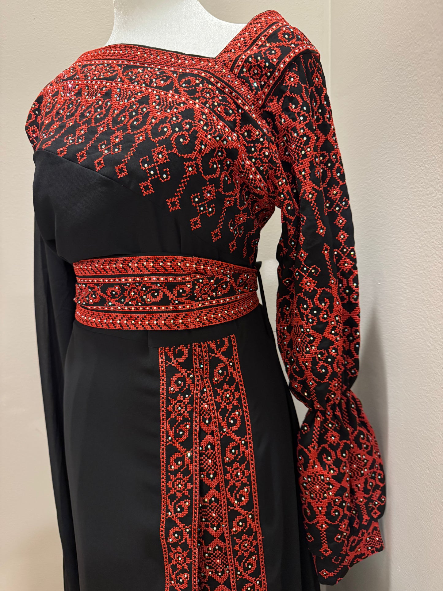 Asymmetric-Neck Long Embroidered Thobe Dress with Belt