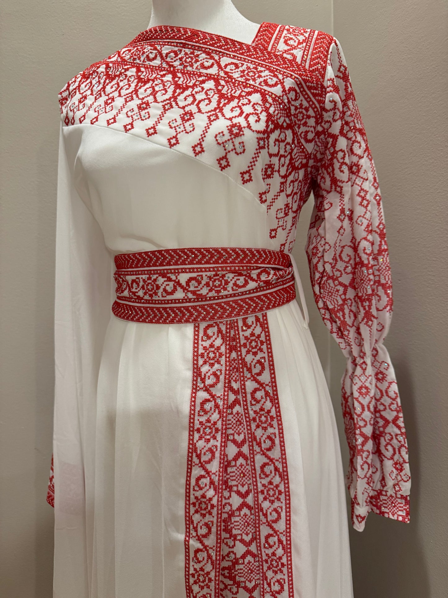 Asymmetric-Neck Long Embroidered Thobe Dress with Belt