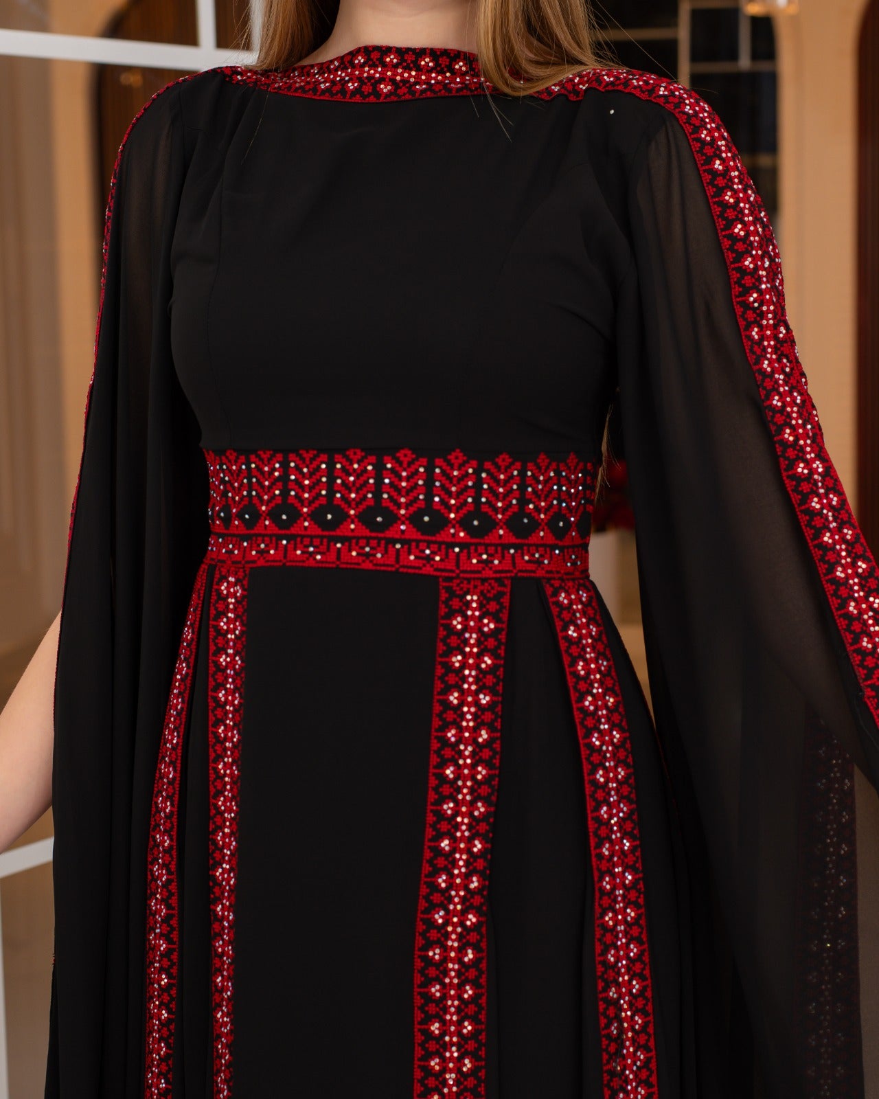 Palestinian Embroidered Butterfly Sleeves Thobe with Matching Tarha Shawl (Black and Red)