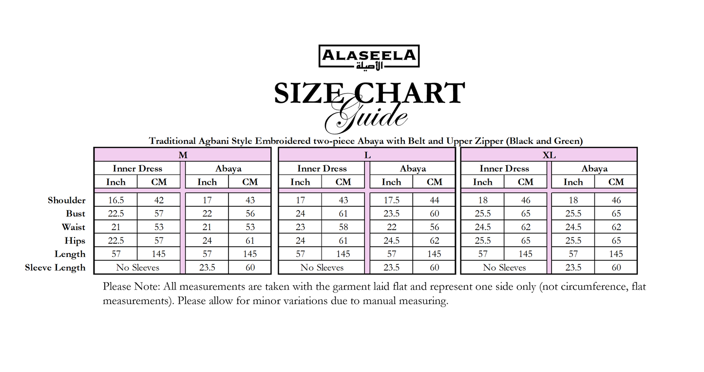 Traditional Agbani Style Embroidered two-piece Abaya with Belt and Upper Zipper (Black and Green)