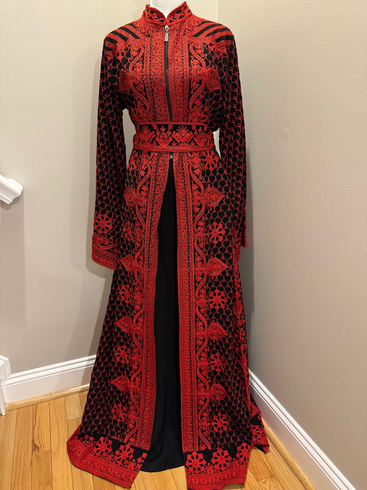 Agbani style embroidered black and red abaya 2-piece set