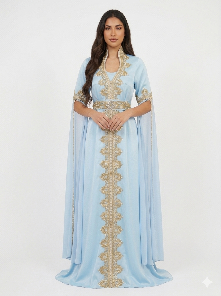 Luxury Baby Blue Kaftan Evening Dress with Gold Embellishments – Elegant Batwing Formal Gown