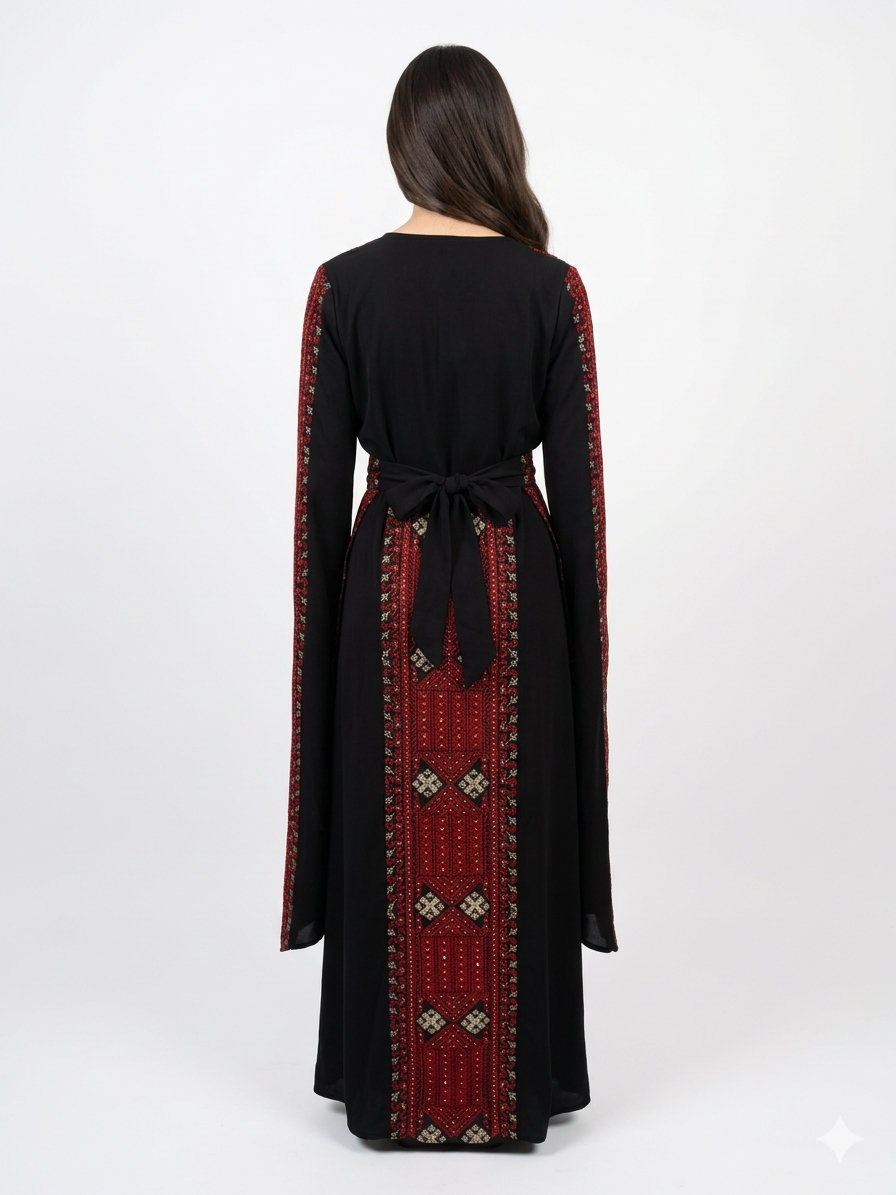 Elegant Black Maxi Dress with Red Embroidery – Batwing Sleeve Dress