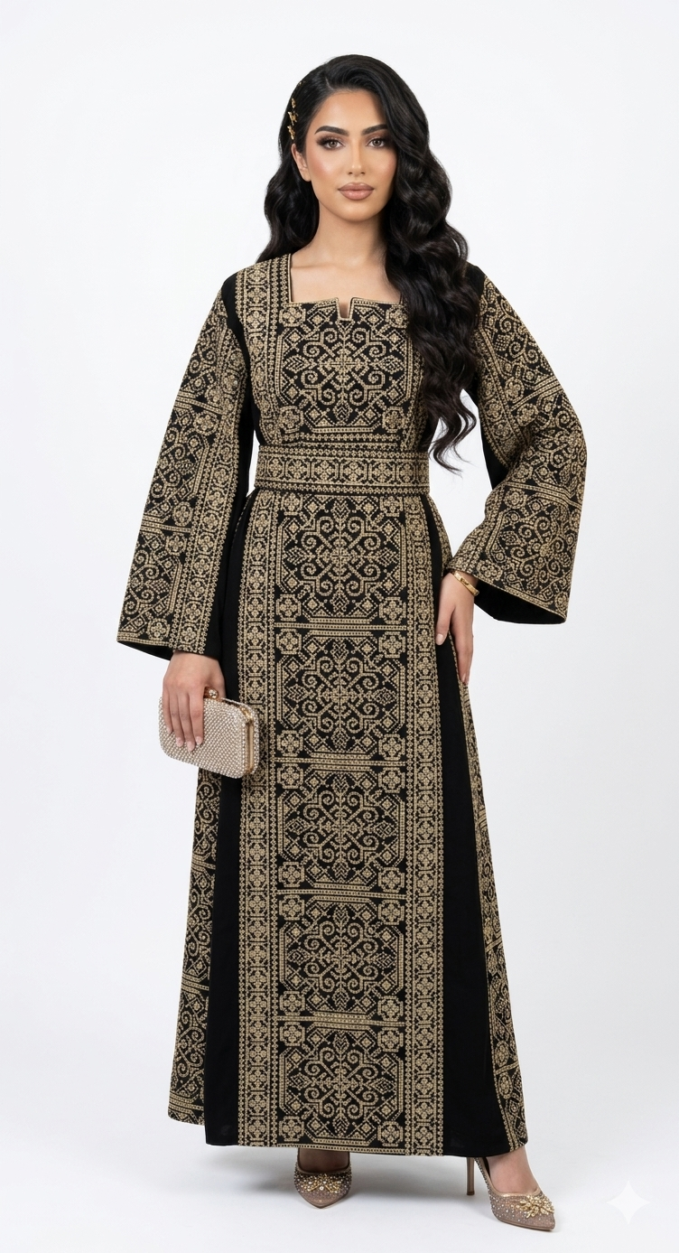 Embroidered Thobe Dress – Full Front & Back Detail with Sparkle (Red & Beige)