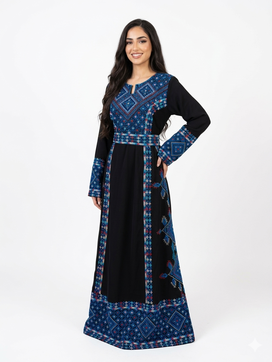 Embroidered Palestinian Rhombus Dress  Ma'inat Pattern (Blue or Green  Embroidery)  AlASEELA