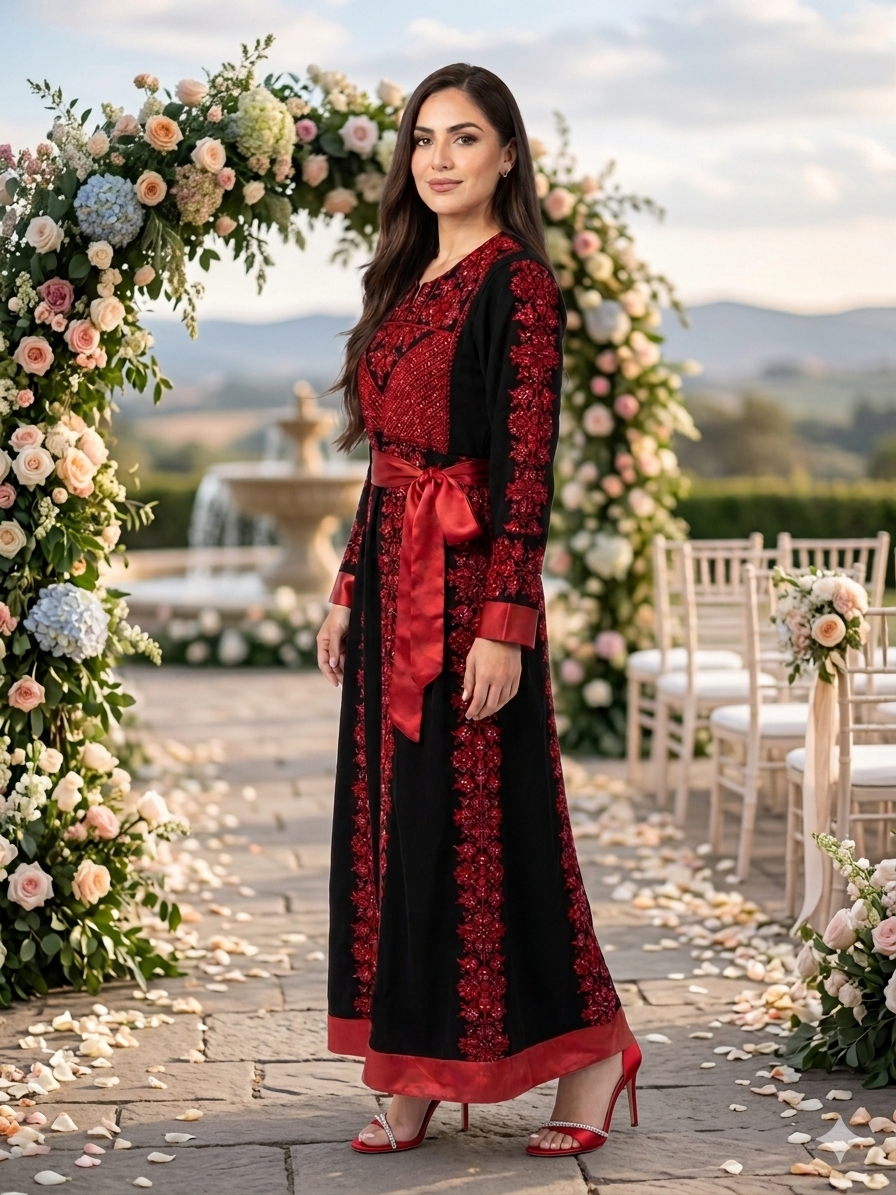 Black Embroidered Thobe Dress – Floral Motif Detail with Red Satin Belt