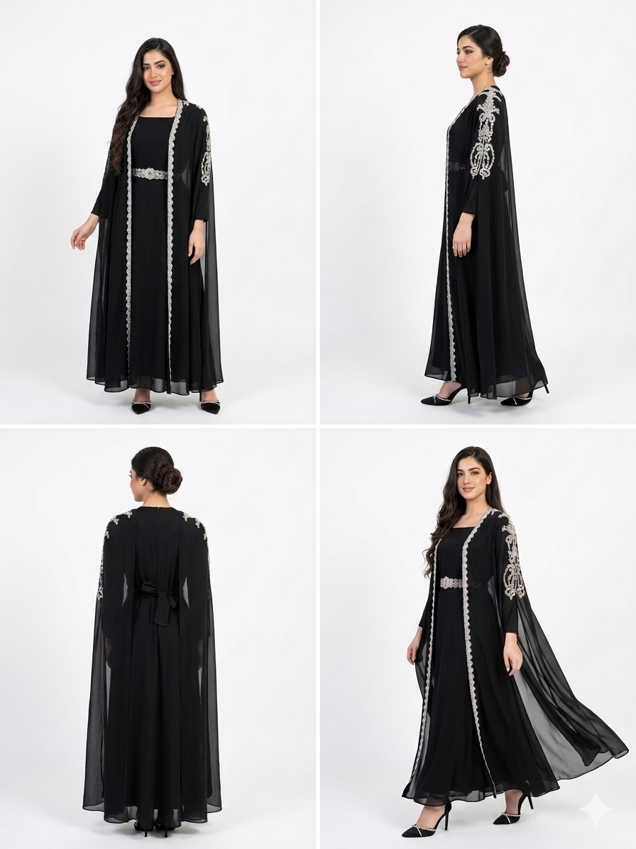 Elegant Black Beaded Kaftan Evening Dress with Belt – Batwing Sleeve Formal Gown