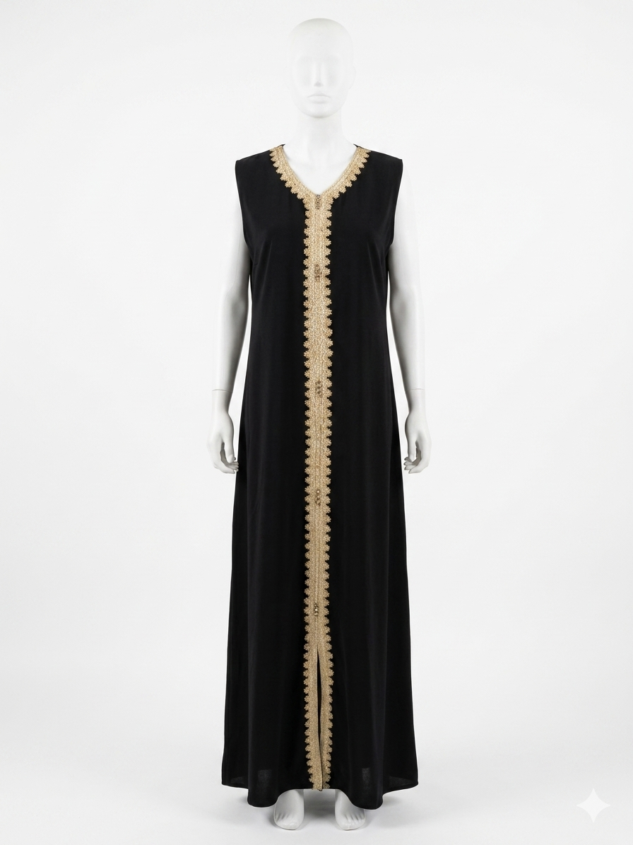 Elegant Black Two-Piece Kaftan Set with Embroidered Dress and Gold Embellishments
