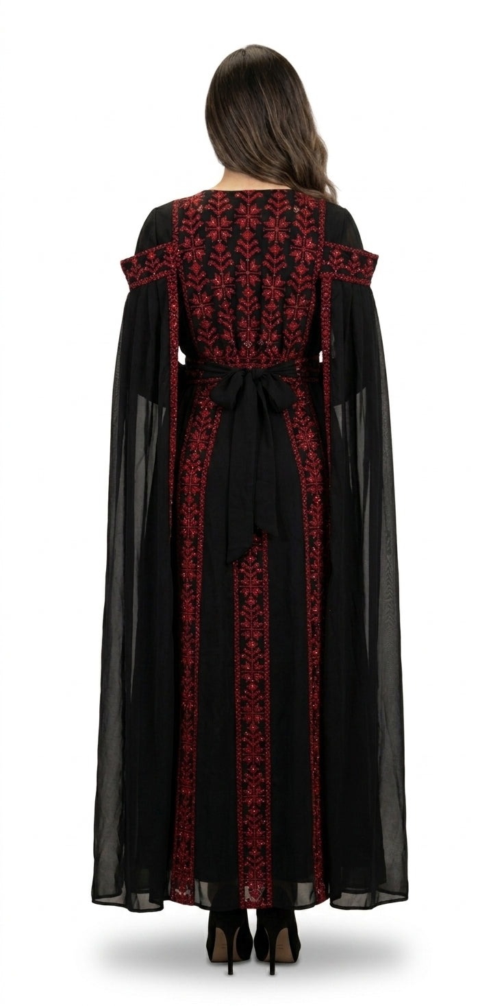 Black & Red Embroidered Thobe Dress with Dramatic Shoulder Drapes & Tarha