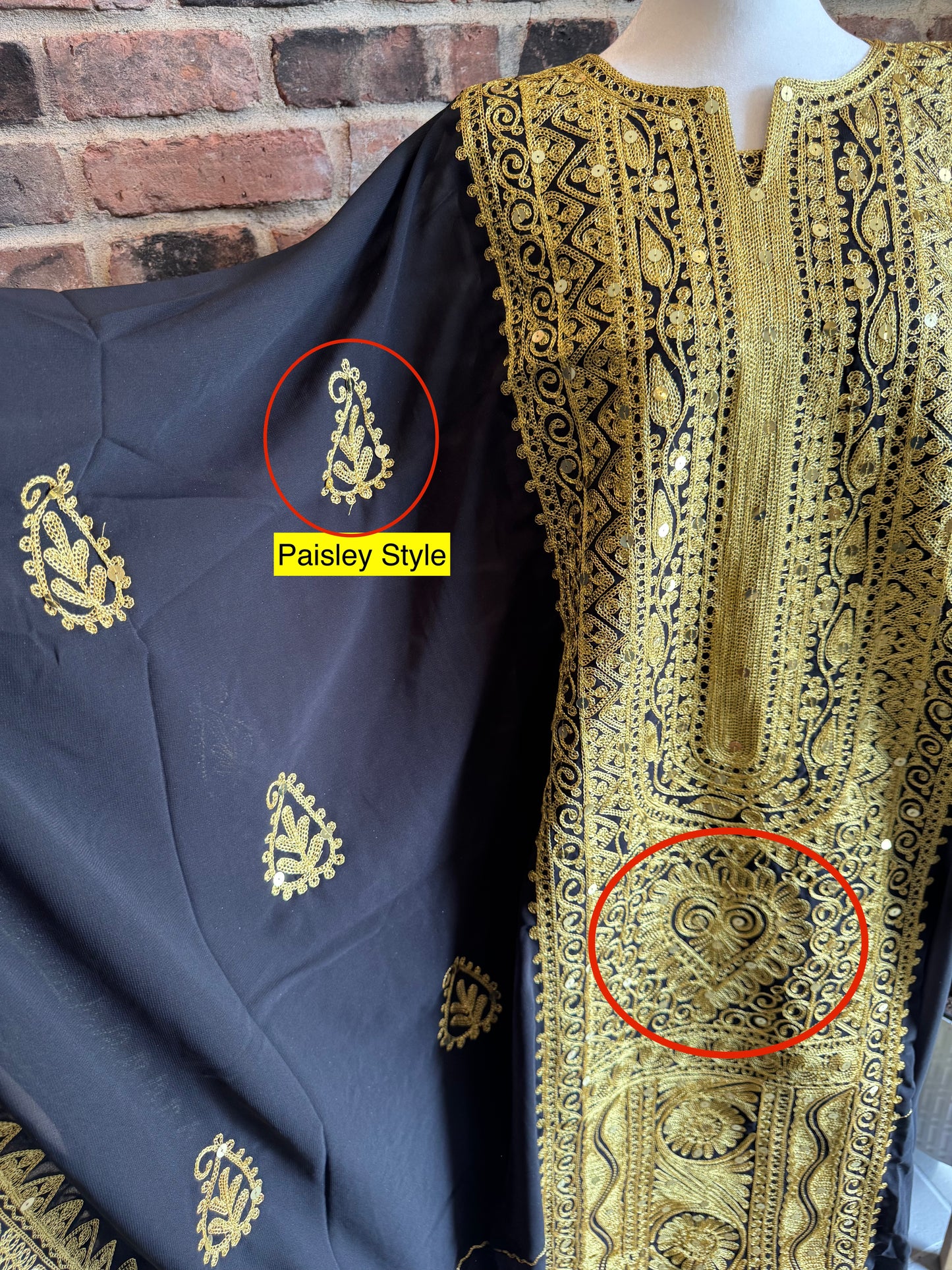 Alaseela gold embriodery on iraqi hashmi dress paisley design available in the USA