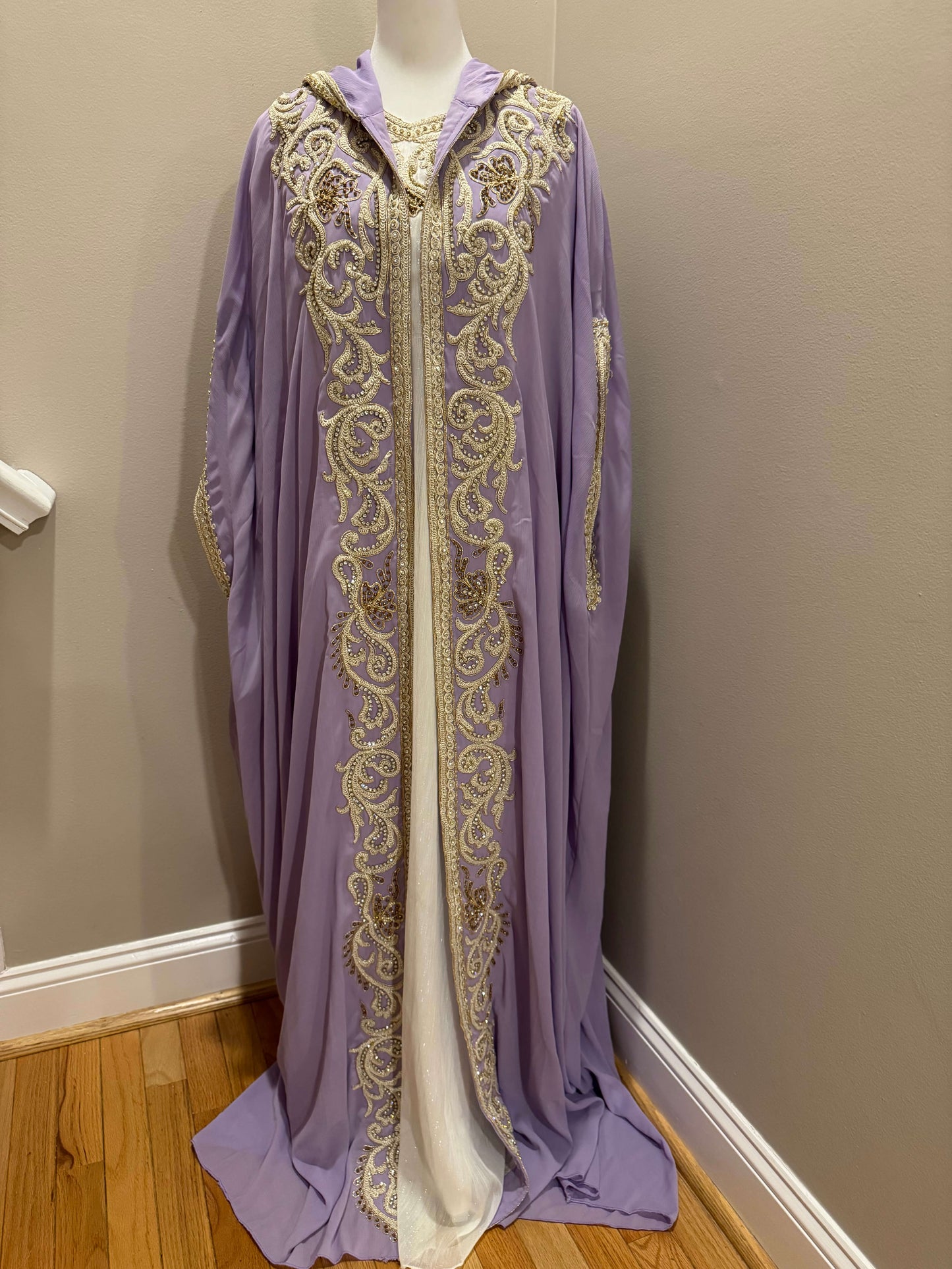 Two-piece lavender kaftan set showing outer embellished layer and inner slip dress
