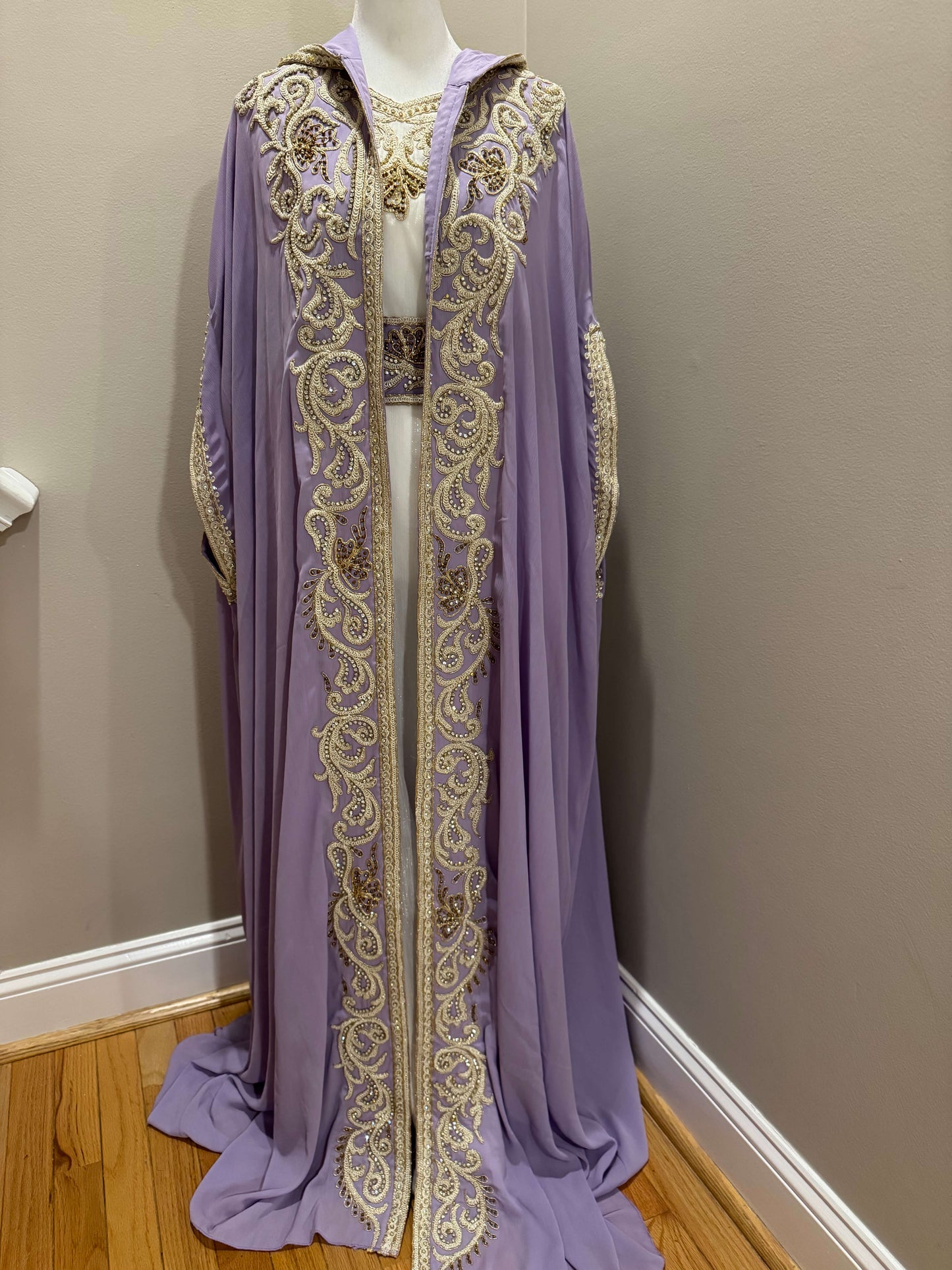 wearing lavender crystal embellished 2-piece kaftan set for weddings and special occasions
