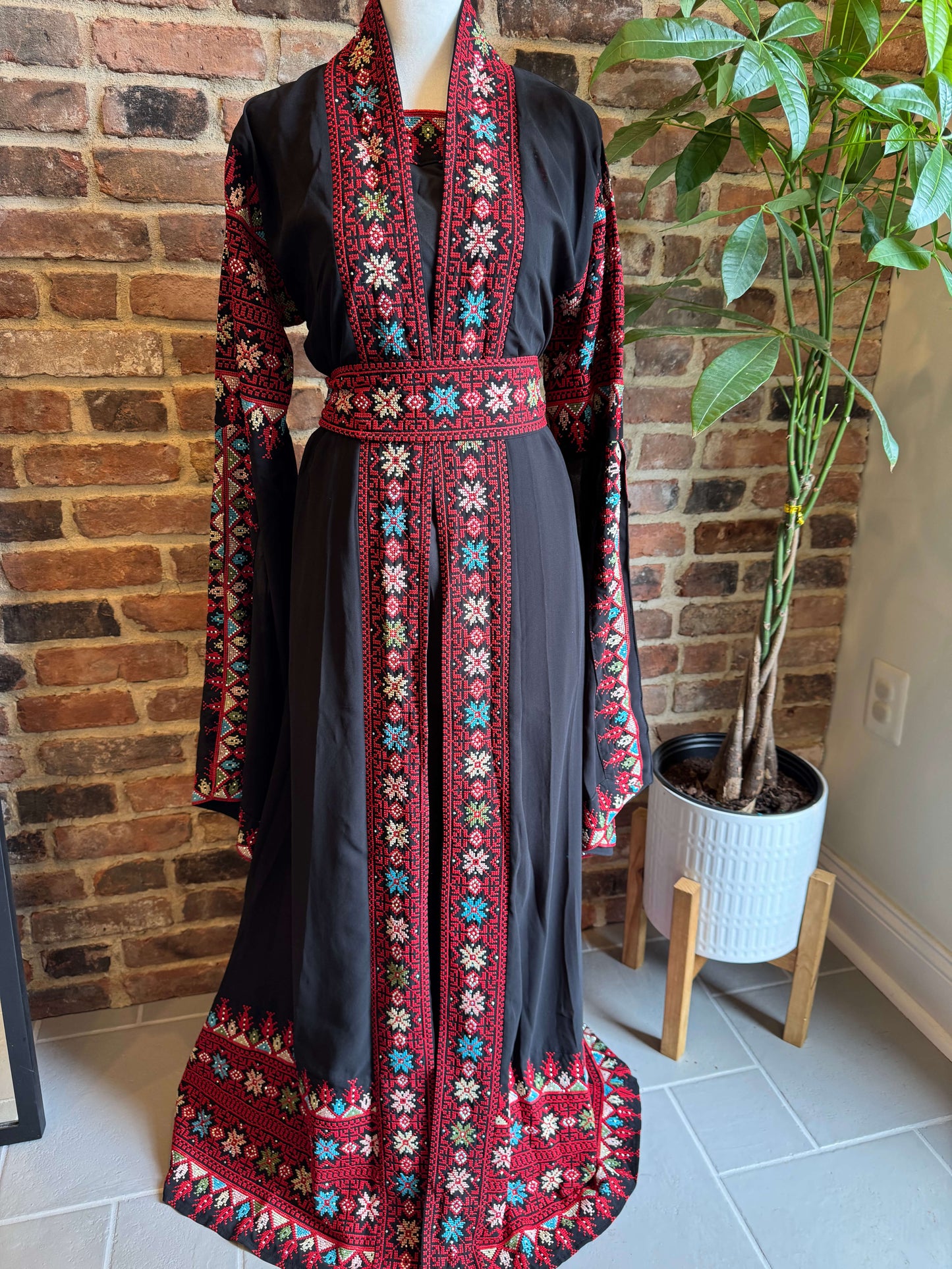Front view of black abaya set with rich red embroidery – luxury modest wear for women in the USA
