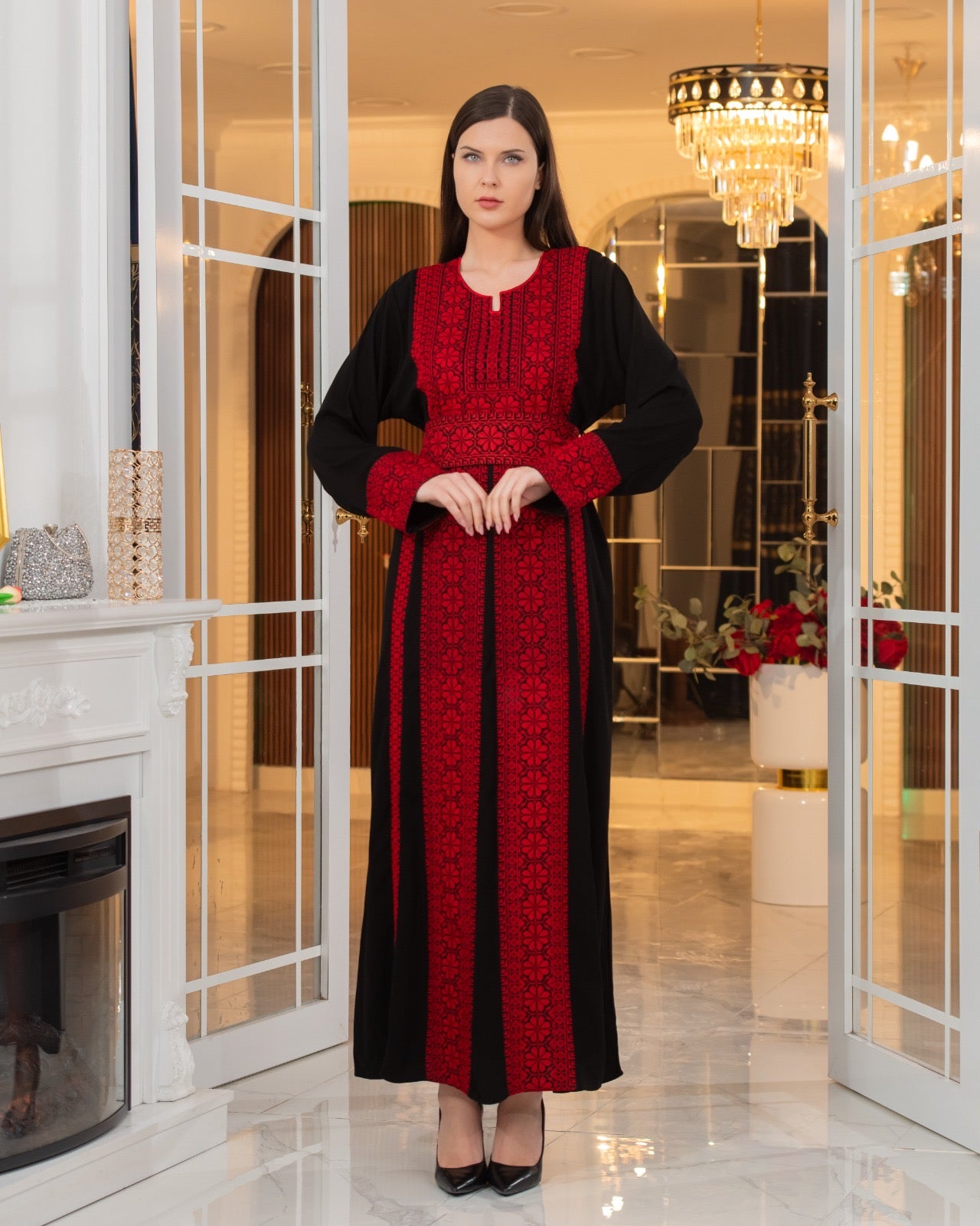 Embroidered Palestinian Traditional Thobe – ثوب فلسطيني مطرز (Black & Red or Blue) – AlASEELA Embroidered Palestinian Traditional Thobe – ثوب فلسطيني مطرز (Black & Red or Blue) – AlASEELA