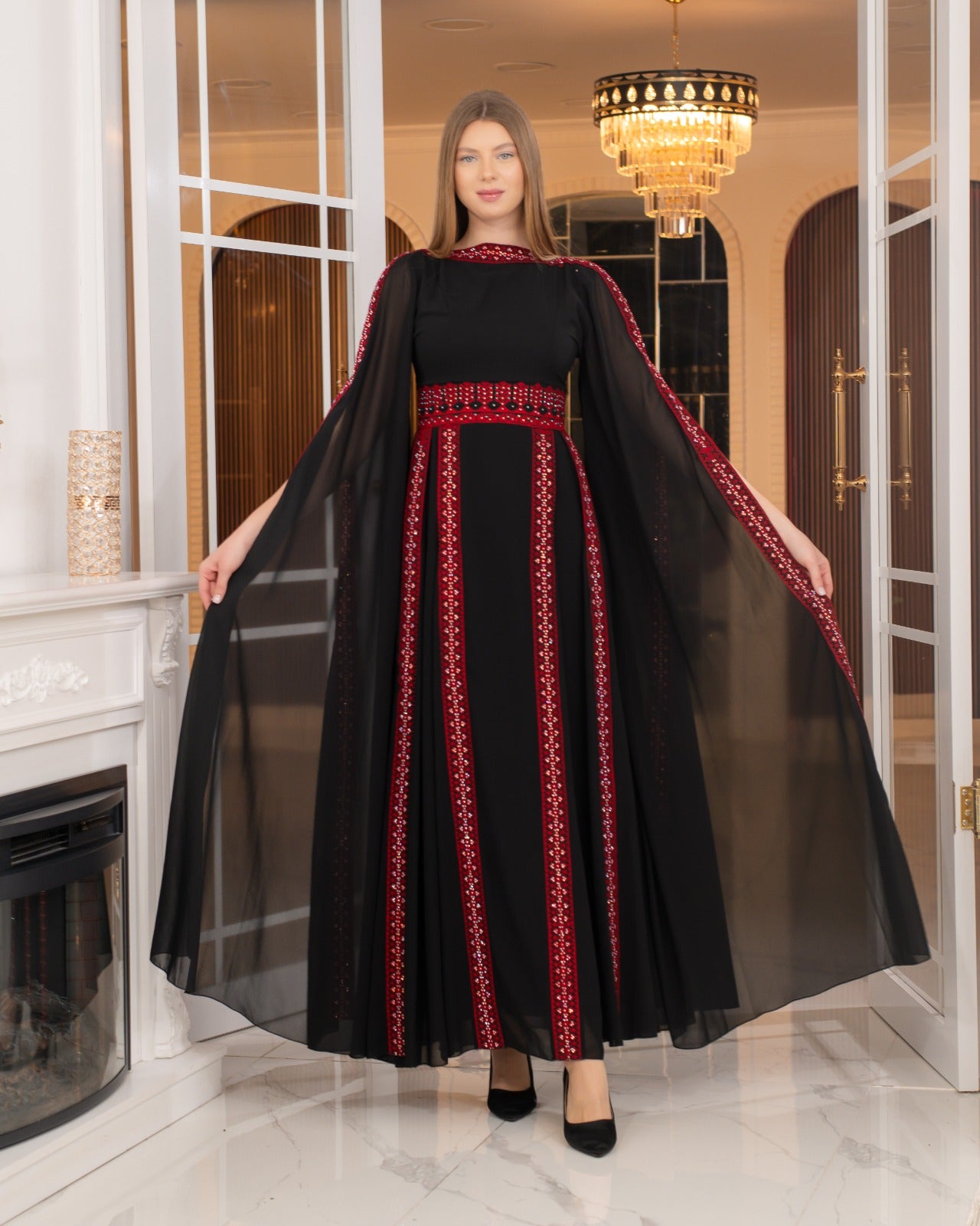 Palestinian thobe with butterfly sleeves and matching tarha