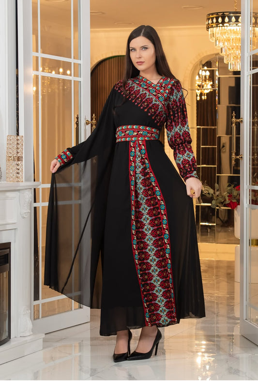 Asymmetric-Neck Long Embroidered Thobe Dress with Belt