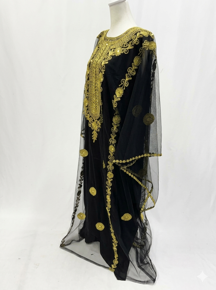 Black & Gold Hashimi (Nashel) Dress with Tarha – Floral Embroidered Tulle Dress