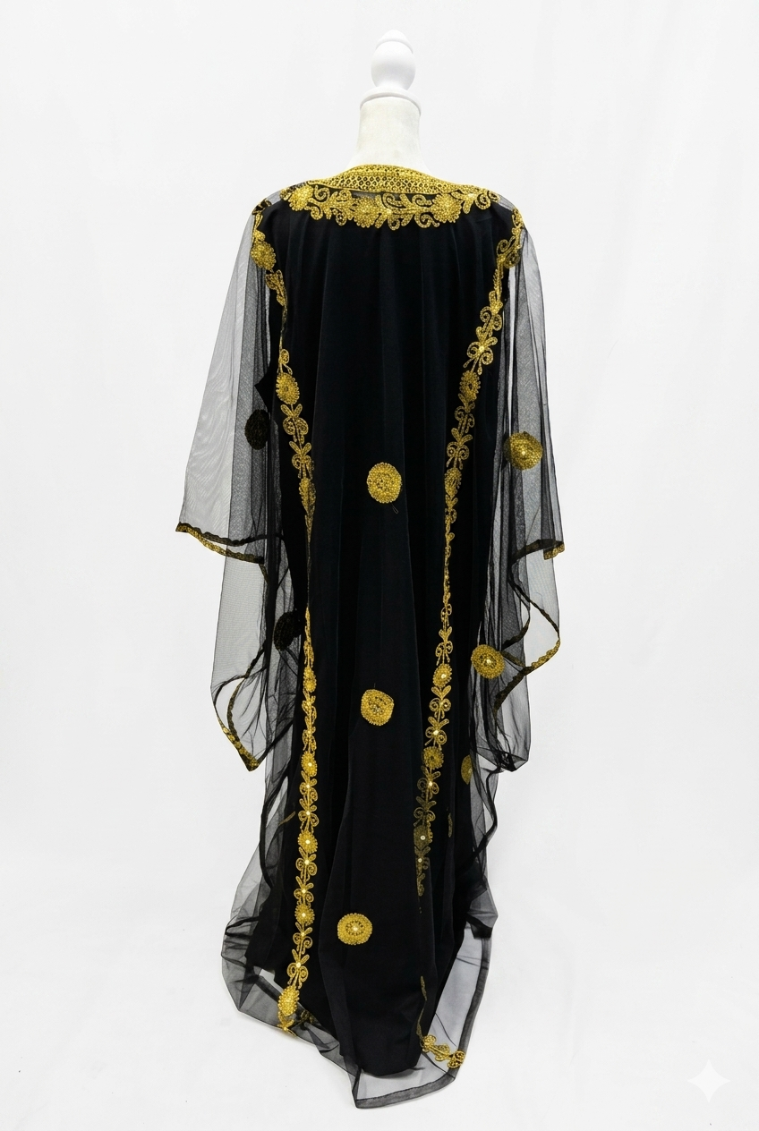Black & Gold Hashimi (Nashel) Dress with Tarha – Floral Embroidered Tulle Dress