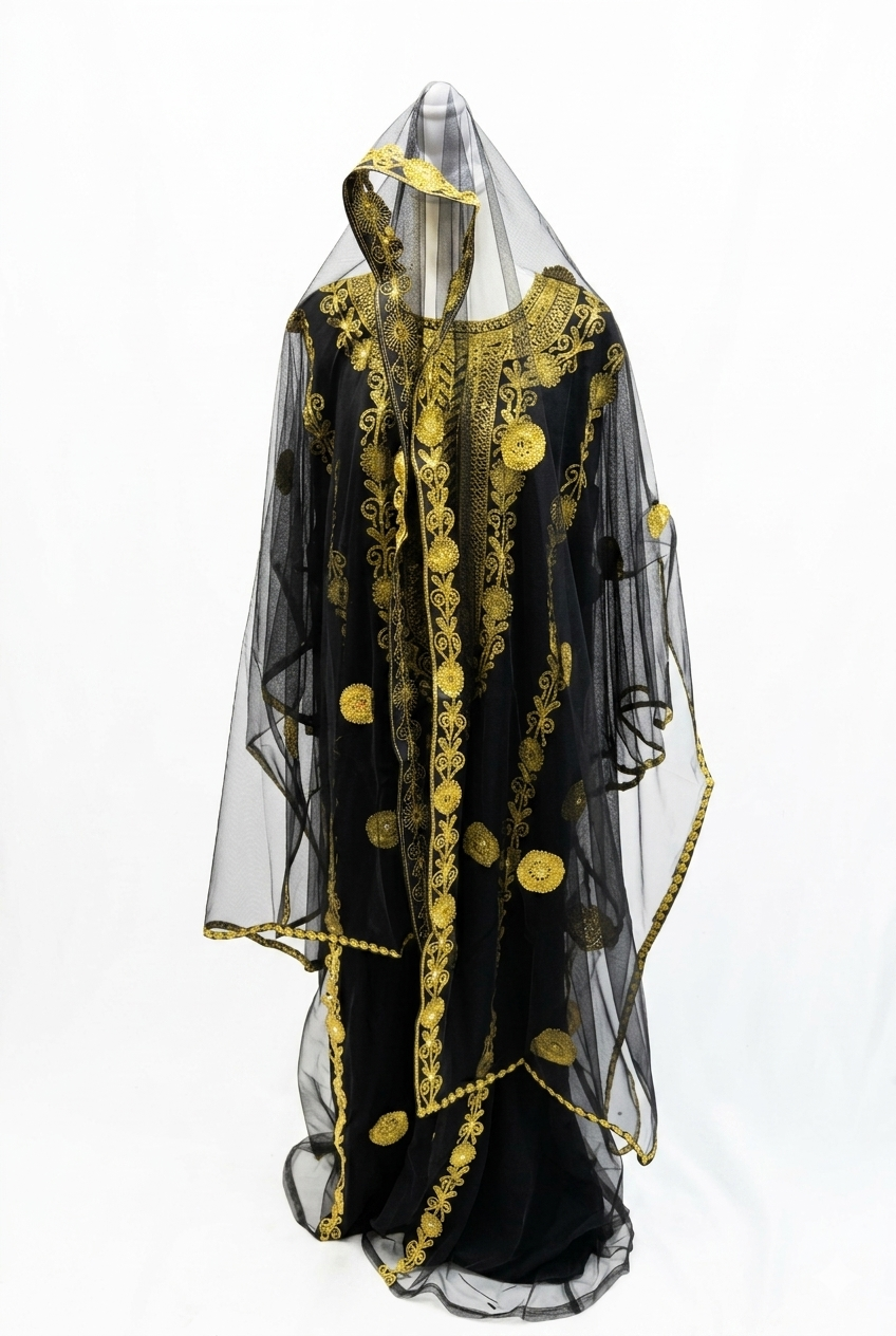 Black & Gold Hashimi (Nashel) Dress with Tarha – Floral Embroidered Tulle Dress