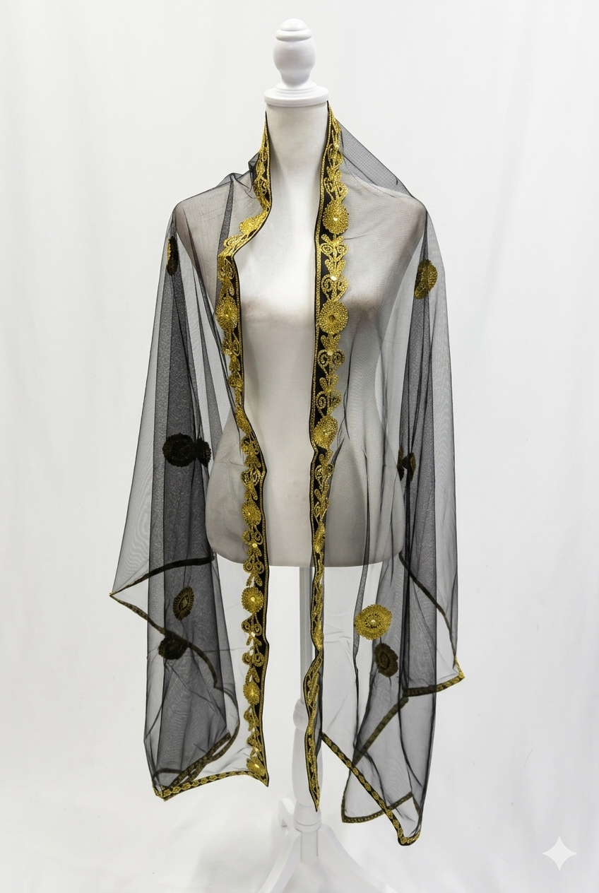 Black & Gold Hashimi (Nashel) Dress with Tarha – Floral Embroidered Tulle Dress