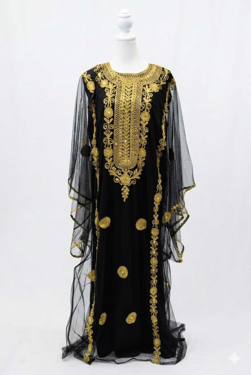 Black & Gold Hashimi (Nashel) Dress with Tarha – Floral Embroidered Tulle Dress