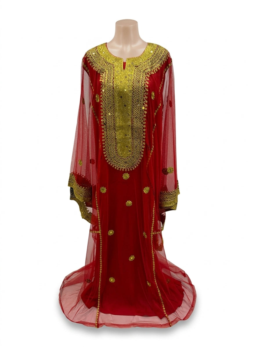 Red Hashimi (Nashel) Traditional Dress Tulle with Gold Embroidery