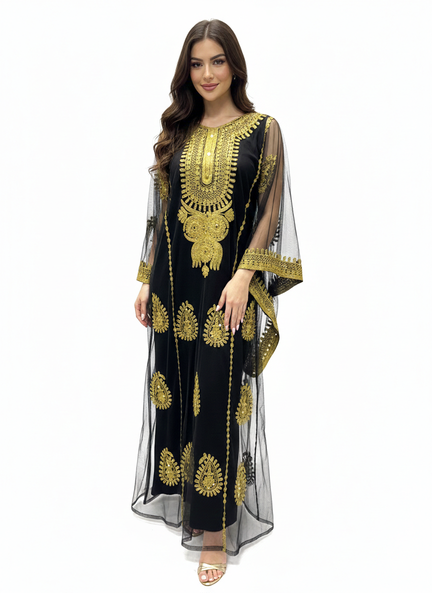 Iraqi Hashimi thobe black with gold embroidery front view