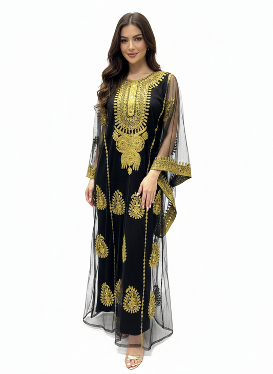 Iraqi Hashimi thobe black with gold embroidery front view