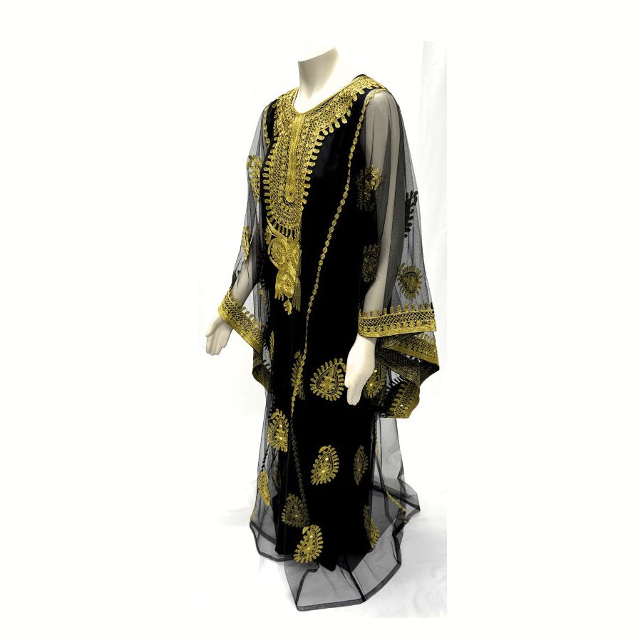 Iraqi Hashimi thobe black with gold embroidery side view