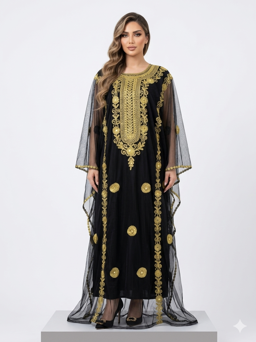 Black & Gold Hashimi (Nashel) Dress with Tarha – Floral Embroidered Tulle Dress