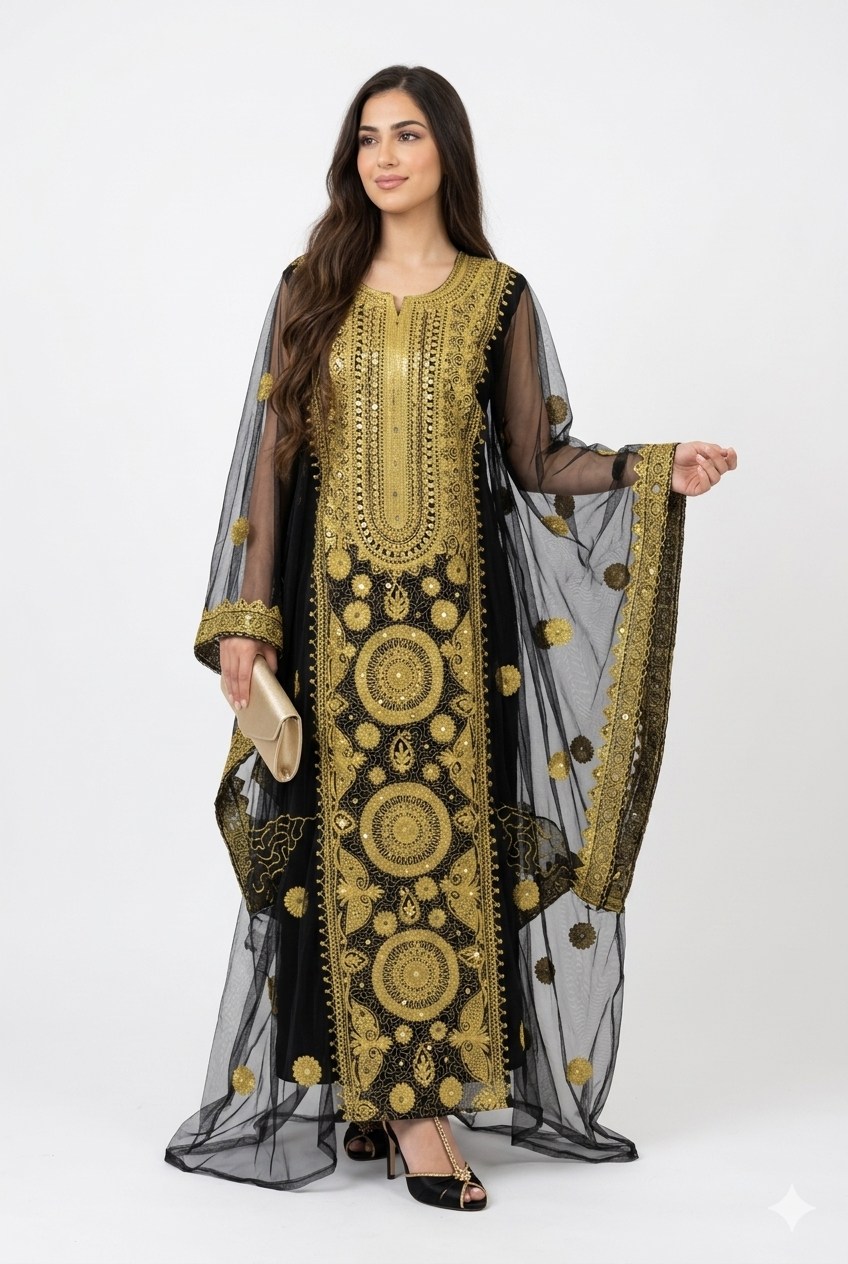 Black Hashimi (Nashel) Dress – Handcrafted Tulle Embroidery with Inner Dress