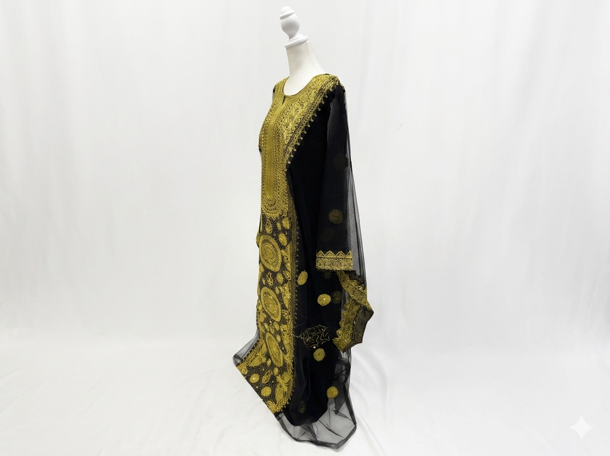 Black Hashimi (Nashel) Dress – Handcrafted Tulle Embroidery with Inner Dress
