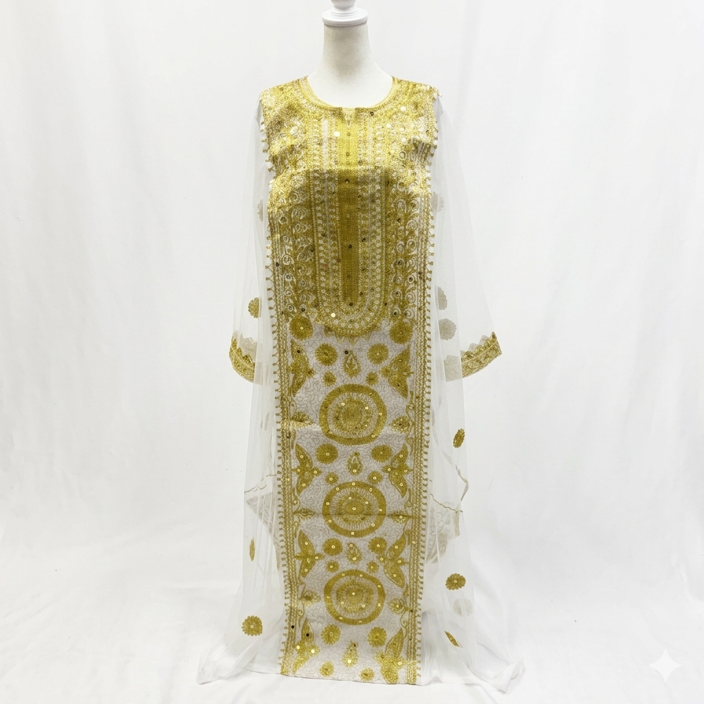 White Hashimi (Nashel) Dress – Handcrafted Tulle Embroidery with Inner Dress