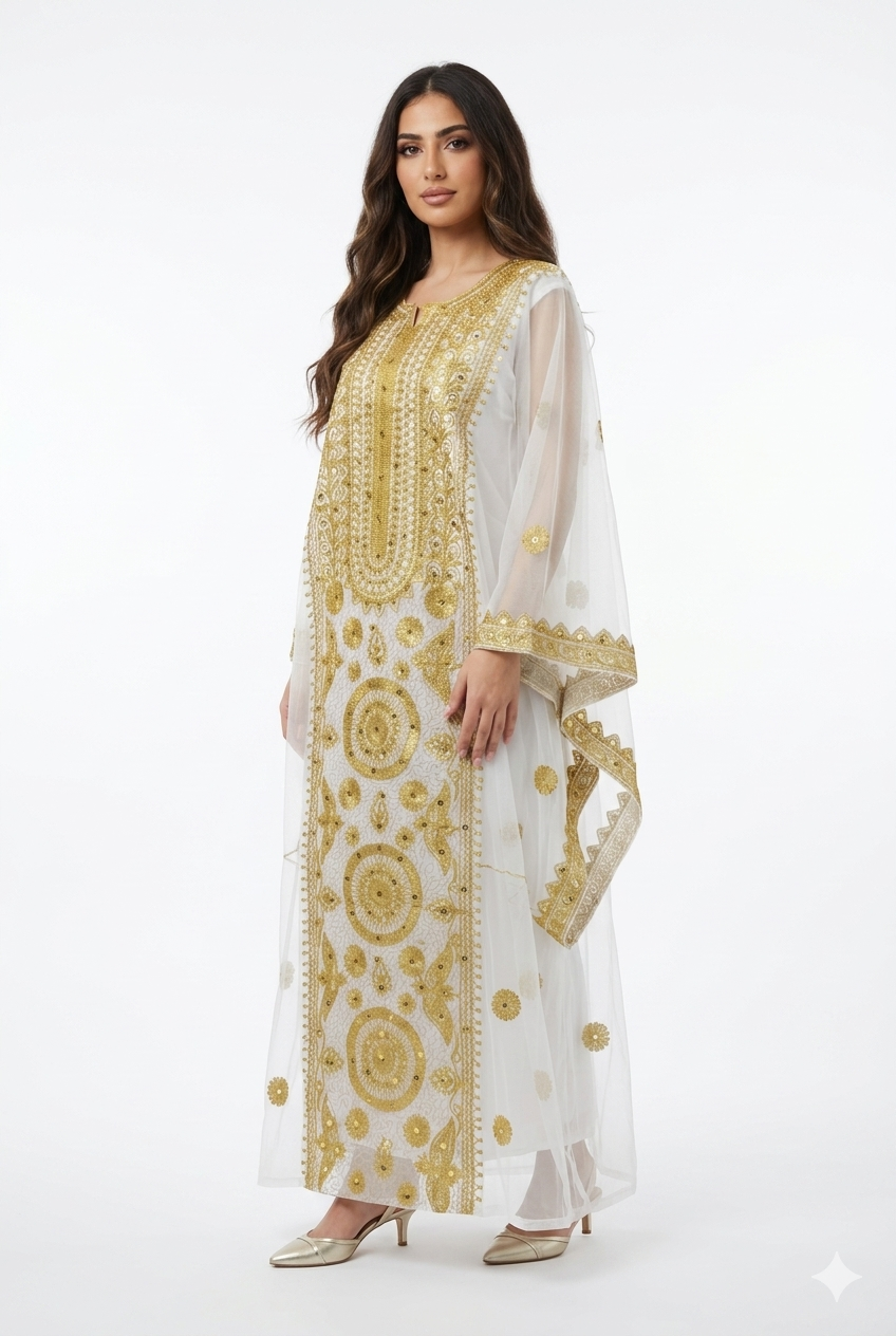 White Hashimi (Nashel) Dress – Handcrafted Tulle Embroidery with Inner Dress