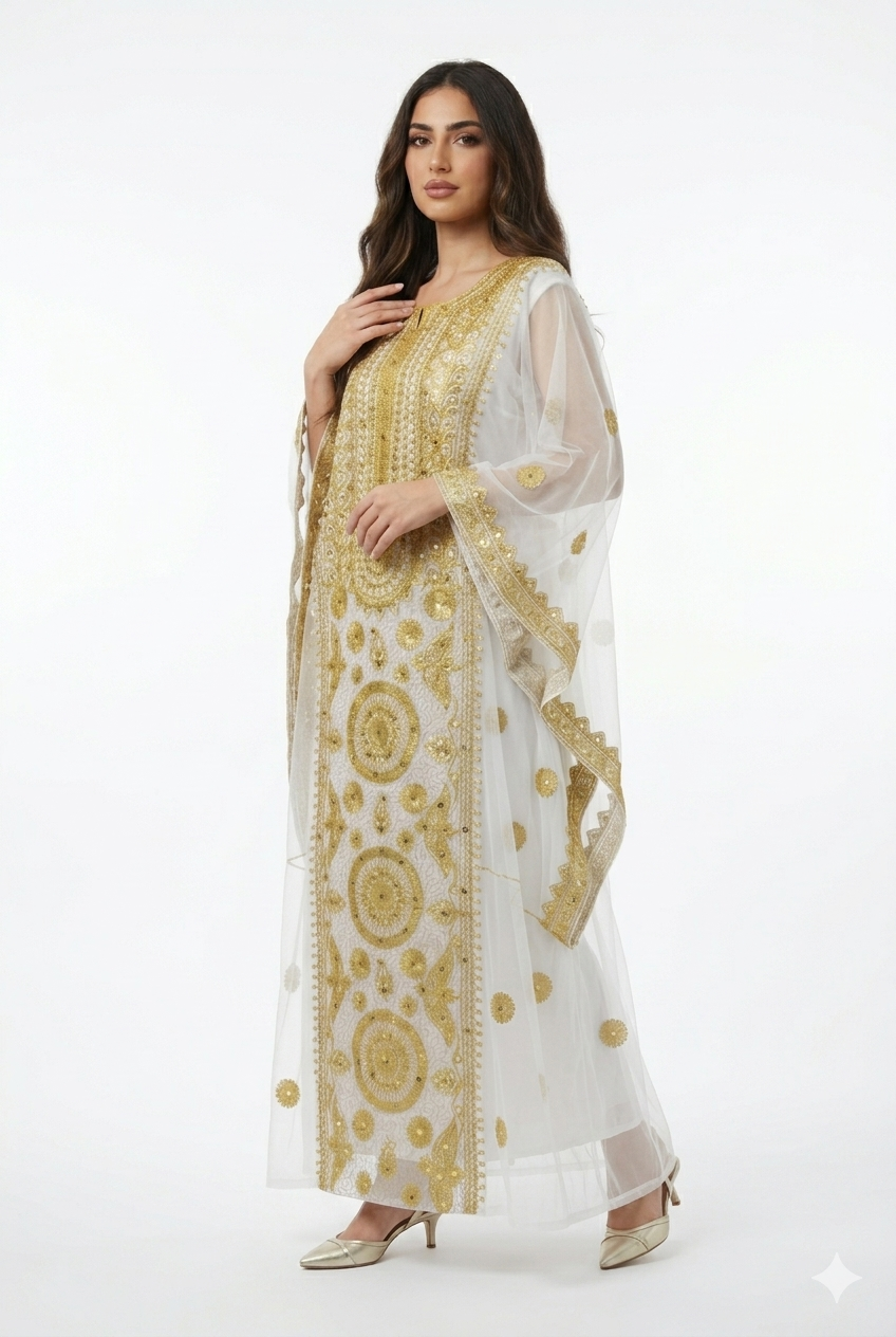 White Hashimi (Nashel) Dress – Handcrafted Tulle Embroidery with Inner Dress